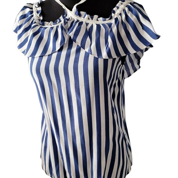 ❤️ Anthropologie Larke Blue white Stripe Emilie Off the shoulder Blouse Top ❤️ - Picture 4 of 8